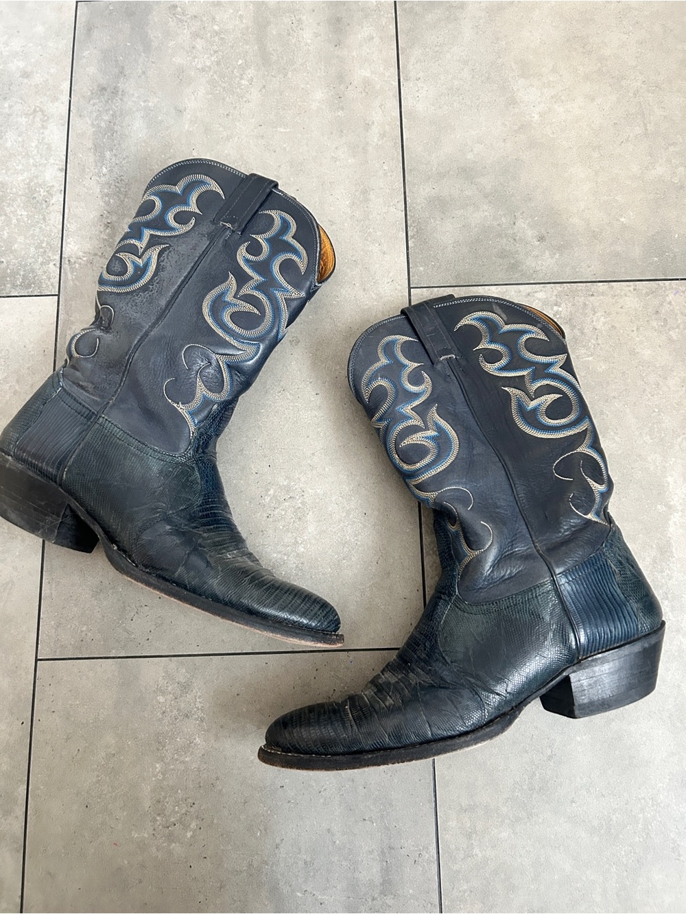 Vintage Men's Nocona black blue lizard leather cowboy boots western 9.5 D